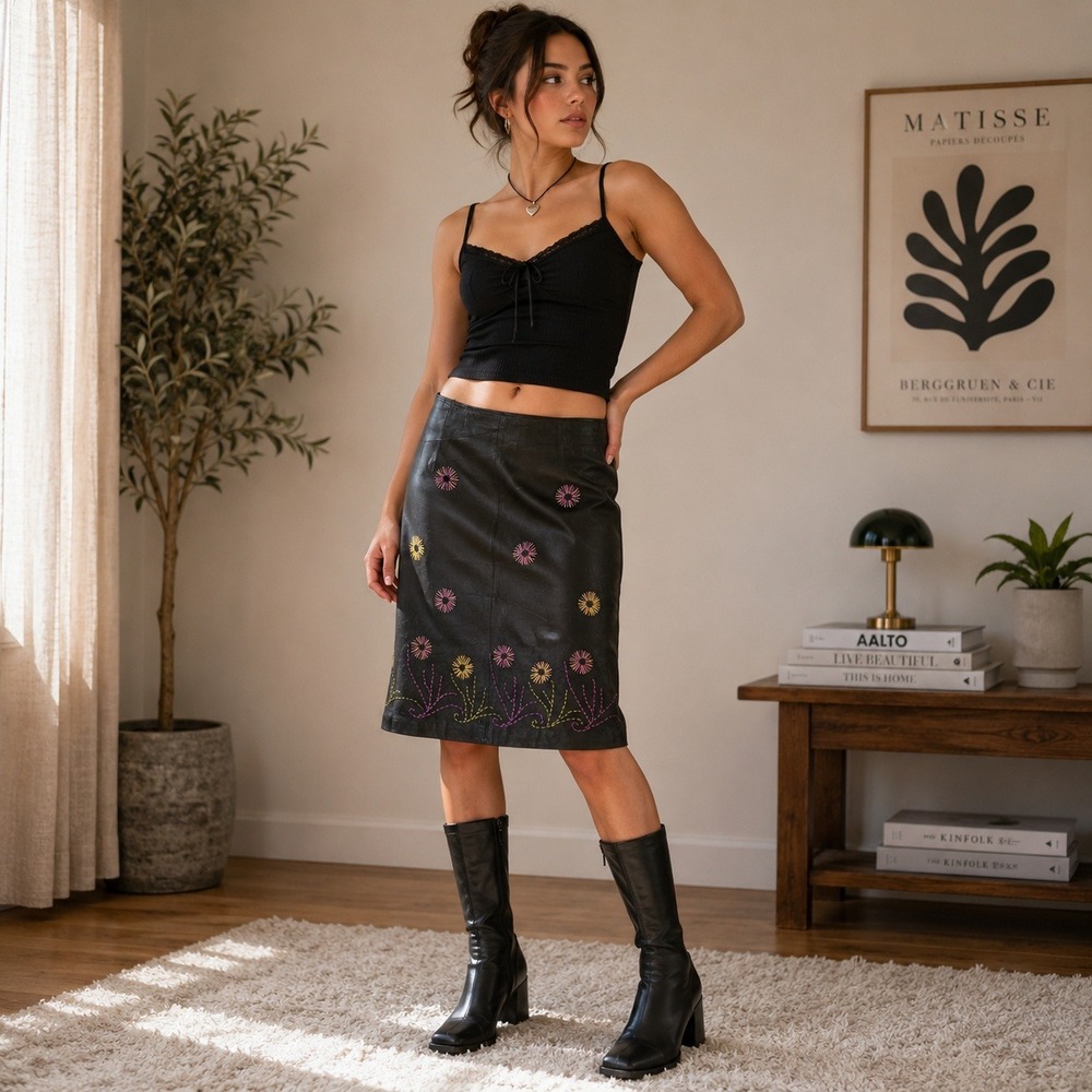 Vintage CLIO Womens Black Leather Embroidered Skirt Sz 14 Floral Y2K Artsy Boho